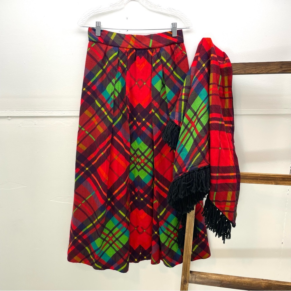 Vintage 60s 70s Rainbow Plaid Full Maxi Skirt with Matching Fringe Shawl Small
